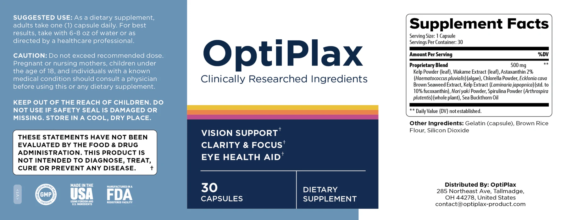 OptiPlax Supplement Facts label showing the 500 mg marine proprietary blend and suggested use